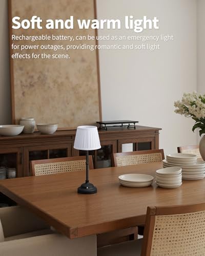 KDG Black Cordless Portable LED Table Lamp, White Fabric Shade Desk Lamp