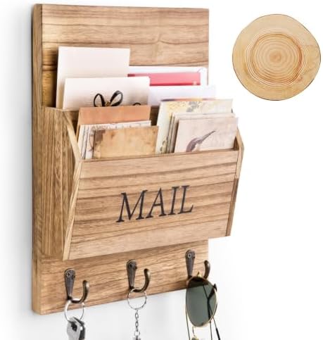 DLQuarts Mail Organizer with Key Holder for Wall Decorative Mail Sorter Wall Mounted, Wooden Mail Holder with 3 Hooks, Carbonized Brown