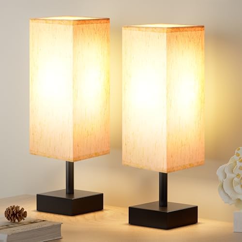 aooshine Small Bedside Lamps Set of 2 - Cream Fabric Shade Bedroom Lamps