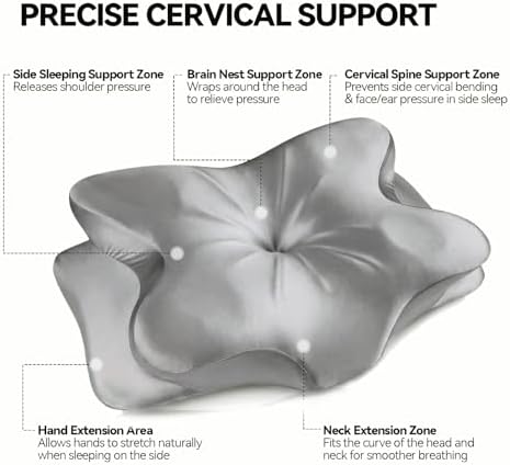 2-Pack Cervical Neck Pillow for for Neck Support,Ergonomic Memory Foam Contour Pillow with Wrinkle-Resistant Silky Satin Fabric Cover,Orthopedic Bed Pillow for Side,Back,Stomach Sleepers,Gray