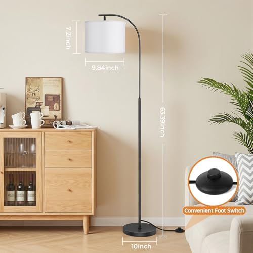 SIBRILLE Floor Lamp with Linen Shade, Arc Dimmable Tall Standing Lamp with Remote Control, Modern Floor Reading Light for Living Room Bedroom Office Corner, 9W LED Bulb Included