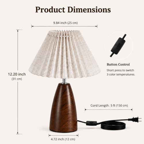 Warm & Cozy Bedside Table Lamp with 3-Color LED Bulb Included, Linen Shade Nightstand Lamp with Wood Grain Metal Base, Soft Eye-Caring Lighting for Bedroom Reading, Living Room, Dorm & Office