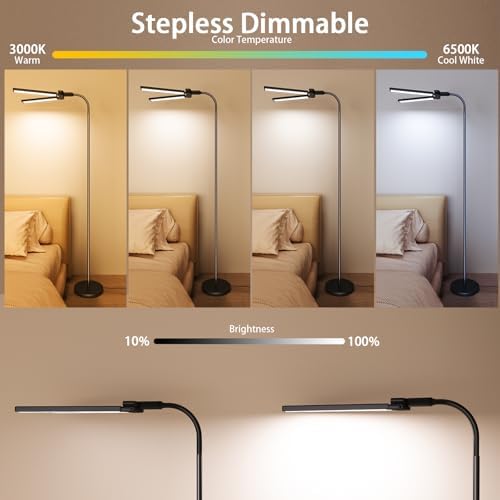 SIBRILLE LED Floor Lamp, 24W Dual Head Dimmable Standing Lamp with Remote & Touch Control, Adjustable Gooseneck, 3000K-6500K Modern Reading Lamp for Living Room, Bedroom, Office & Crafts