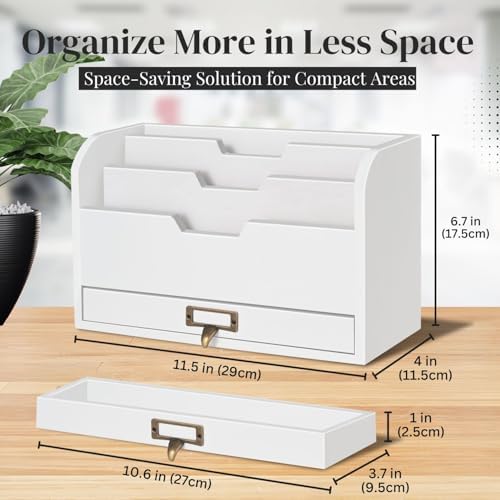 Flexzion Wood Desk Organizer, 3-Tier Mail Organizer with Drawer, Beige Wood
