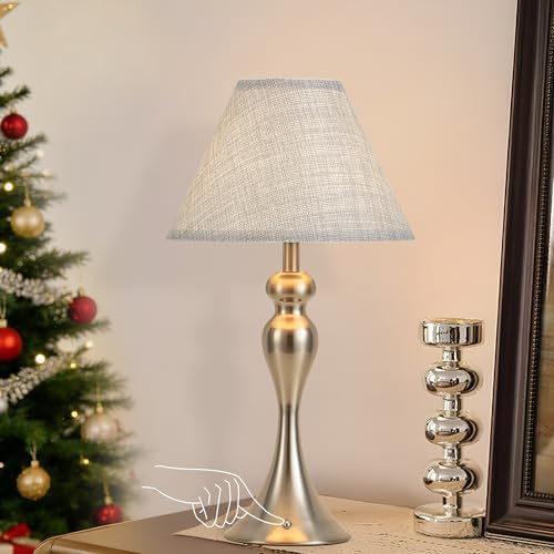 Cordless Table Lamp Rechargeable, Battery Night Light Fabric Shade, Nickel