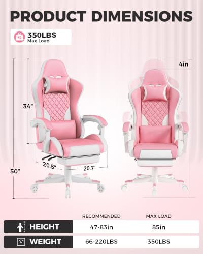 LUCKRACER Gaming Chair with Pocket Spring Cushion and Footrest, PU Leather 90°-155° Reclining Computer Chair, 4.5" Height Adjustment, Ergonomic Office Chair with Lumbar Support, Pink