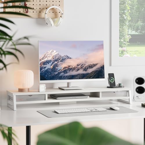 Fenge Dual Monitor Stand Riser, 42.5in Desk Shelf with 2 Drawers, White