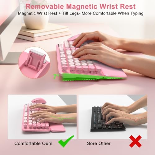 Pink Wireless Keyboard and Mouse Combo, Magnetic Wrist Rest, Round Keycap