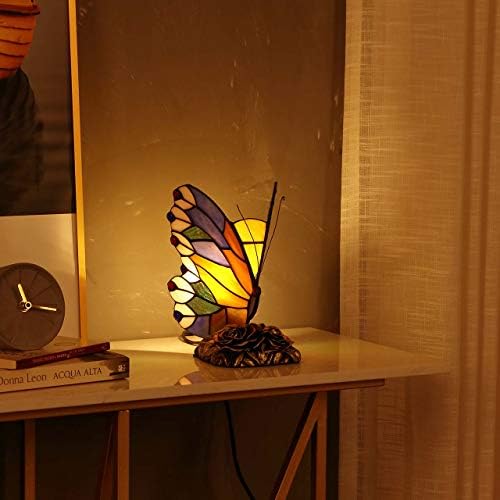 Bieye L11406 Butterfly Tiffany Style Stained Glass Accent Table Lamp Night Light for Bedside Living Room Bedroom, 8" W x 9" H