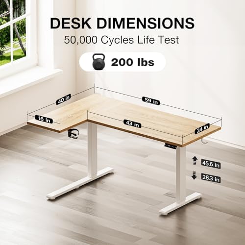 Muvai 59" L Shaped Standing Desk with Cable Tray, Reversible, Oak