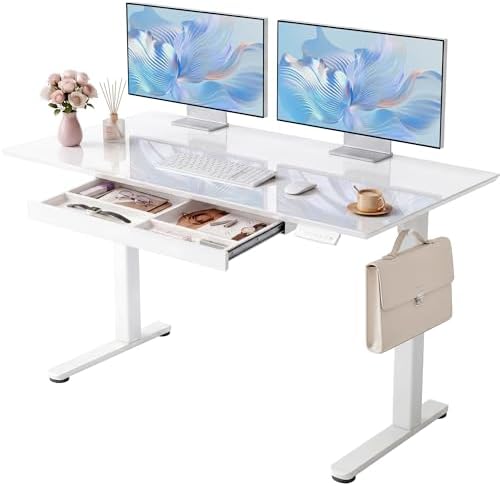 YDN Glass Standing Desk with Drawers 55x24 Inch Super White