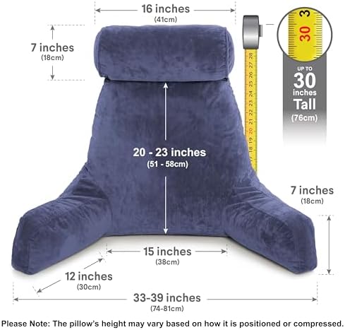 Husband Pillow XXL The Original for Adults - 30" Tall Backrest for Sitting Up in Bed - Firm Support Reading & Bed Rest Pillows for Adults, Neck Roll, Removable Cover - TV - Dark Blue