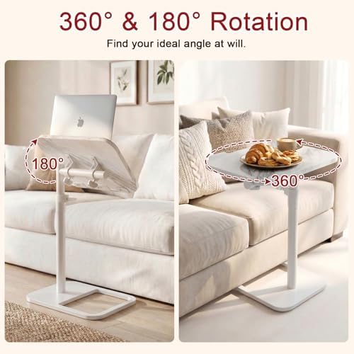 GOYLSER Adjustable Height Sofa C Table, 360° Swivel/180° Flip-Over Panel Side Table with Tablet Slots for Small Spaces, Morden TV Tray Couch Tables for Dinner Eating (White Marble)