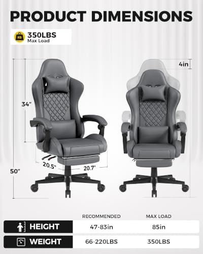 LUCKRACER Gaming Chair with Pocket Spring Cushion and Footrest, PU Leather 90°-155° Reclining Computer Chair, 4.5" Height Adjustment, Ergonomic Office Chair with Lumbar Support, Dark Gray