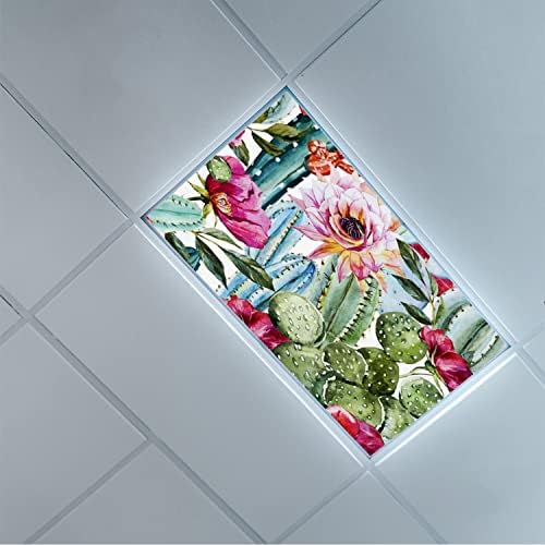 Fluorescent Light Cover Decorative Ceiling Light Filters,Watercolor Cactus Pattern,for Classroom Office Hospitals Home Ceiling Decorative,2ft x 4ft,Blue