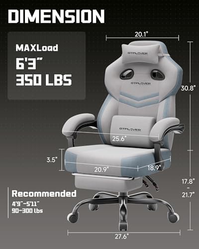 GTPLAYER Big & Tall Gaming Chair, Wide Seat with Footrest, Gray