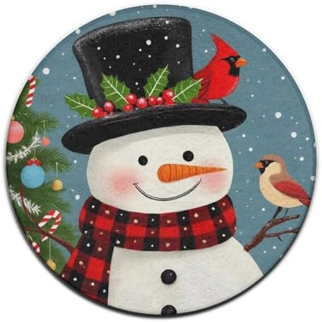 Men's Large Home Decor Mat, Soft Round Yoga Carpet, Non Slip Machine Washable Home Office Circle Rug Christmas Snowman Red Birds
