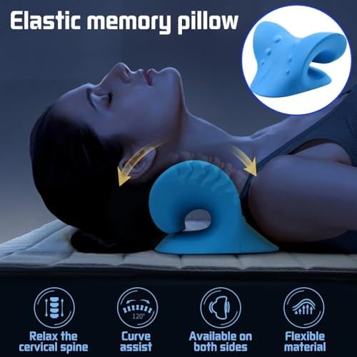 Ergonomic Cervical Neck Shoulder Stretcher Massage Pillow Traction Device Muscle Relaxation Relieve Pain Cervical Correction (Blue)