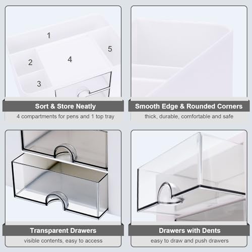 Meiikun Plastic Pen Organizer, Multifunctional Desk Organizer with 2 Drawers, 4 Compartments & a Top Tray, Pencil Holder Desktop Organizers and Accessories for Office, 7.7" x 5.5" x 3.9" (White)