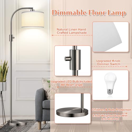Nintiue Upgraded Modern Arc Dimmable Tall Standing Floor Lamp with Linen Shade, 1200 Lumens LED Bulb Included, for Living & Reading Room, Bedroom, Office & Nursery, Brushed Nickel