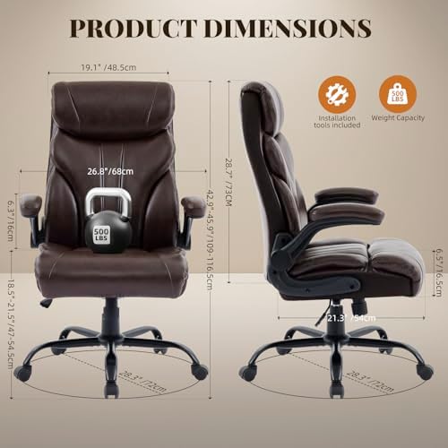 Big and Tall Office Chairs with Adjustable Flip-up Armrests,500LBS Wide Ergonomic Gaming Chair,100-118°Recline Executive Leather Computer Chairs with Adjustable Height,Coffee
