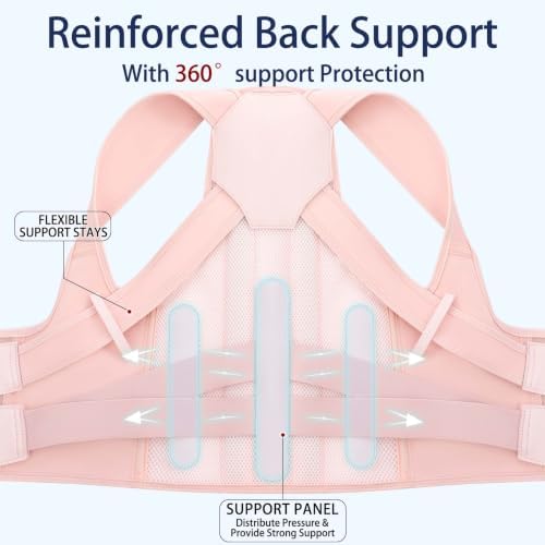 Posture Corrector for Women and Men, Adjustable Back Brace with Shoulder Support, Lumbar Support Belt and Full Back Support, Posture Trainer Back Straightener for Upper Back, Lower Back Support, Slouching and Hunchback Corrector (Pink, Small)