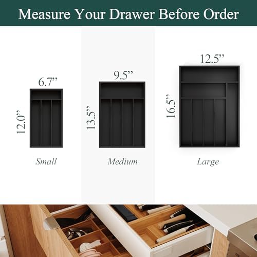 Bamboo Kitchen Sliverware Drawer Organizer (Black, 9.5''W x 13.5''D)