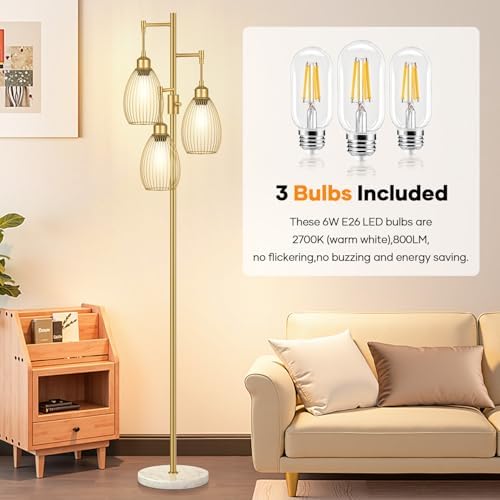 Dimmable Floor Lamp,3x800LM LED Bulbs Included, Farmhouse Industrial Floor Lamp Standing Tree Lamp with Teardrop Cage Head Tall Lamp for Living Room Bedroom Office Dining Room - Gold & Marble Base