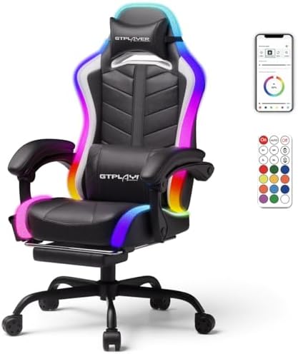GTPLAYER Gaming Chair, Computer Chair with RGB LED Lights, High Back Ergonomic Chair for Adults with Footrest and Linkage Armrests& Headrest Lumbar Support (Without Bluetooth Speakers)