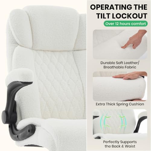 500lbs Big and Tall Office Chair Adjustable Lumbar Support for Back Pain, Extra Wide Seat Executive Office Chair Thick Armrest Pad, Heavy Duty Base&Upgraded Wheels, Ergonomic Desk Chair (Cloud White)