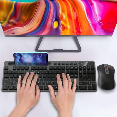 MARVO Wirelss Keyboard and Mouse Combo with Phone Holder, Full-Size, Grey