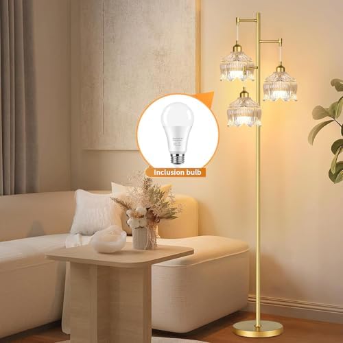 ZECOXOL Gold Floor Lamps for Living Room 3 Lights Floor Lamp with Glass Lampshape & Three Led Bulb,Mid Century Standing Lamp Vintage Brass Tall Lamp Tree Floor Lamp for Bedroom Corner