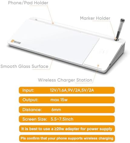SELEAD Desktop Glass Whiteboard with Wireless Charger and Storage, White