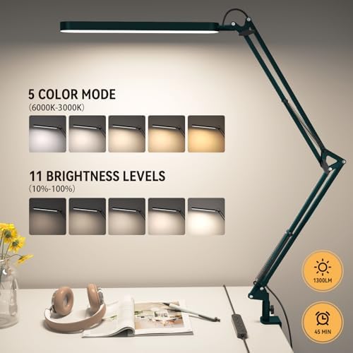 SKYLEO Desk Lamp - LED Desk Light - 5 Color Modes X 11 Brightness Levels - Adjustable Swing Arm - Timmer & Memory Function - 12W Lamp for Desk - Green