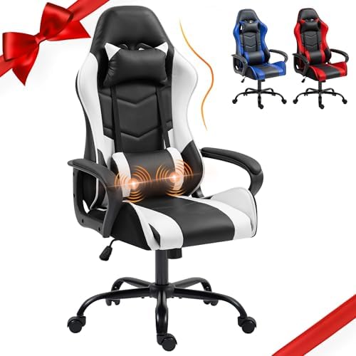 ECOTOUGE White Ergonomic Gaming Chair Massage Lumbar Rocking High Back