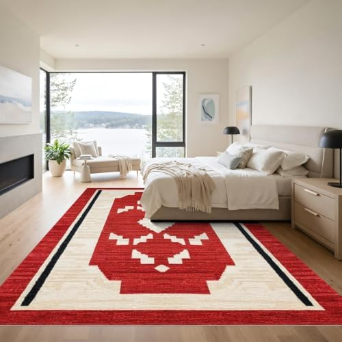 9'x12' Red Ivory Cat Crimson Boho Geometric Washable Area Rug