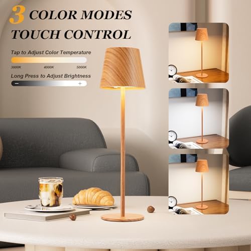 Kakanuo Wood Grain Cordless Table Lamp Rechargeable - 2 Pack 5000mAH Battery Operated Lamp for Counter, 3 Color Stepless Dimming Wireless Lamp for Dining Kitchen, Outdoor Patio, Touch Control