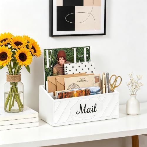 Mail Organizer Countertop with 2 Slots, Farmhouse Mail Holder for Desk with Removable Divider, Wooden Desk Organizer for Letters Bills Envelopes Storage, Mail Sorter for Home Office Countertop, White