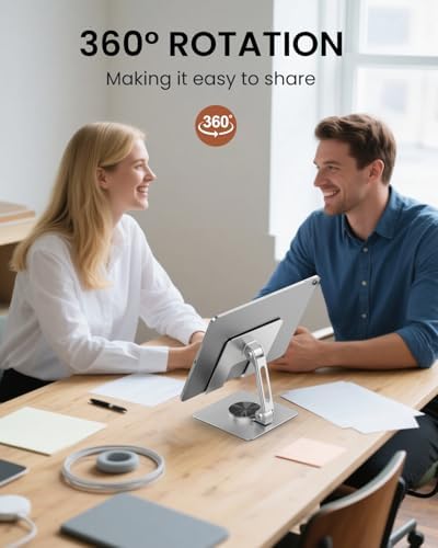 TIGRIS 360° Rotating Tablet Stand for iPad, Adjustable Foldable Metal Desk Stand, Stable Portable Tablet Holder for Office, Kitchen, Video Calls, Compatible with iPad Pro/Air/Mini, Kindle, Surface