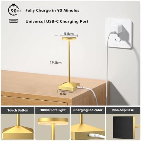 3 Pack Small Gold Rechargeable Cordless Table Lamps Dimmable