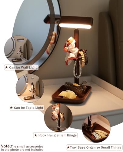 Rechargeable Table Lamp, Unique Wooden Bedside Lamp with Tray