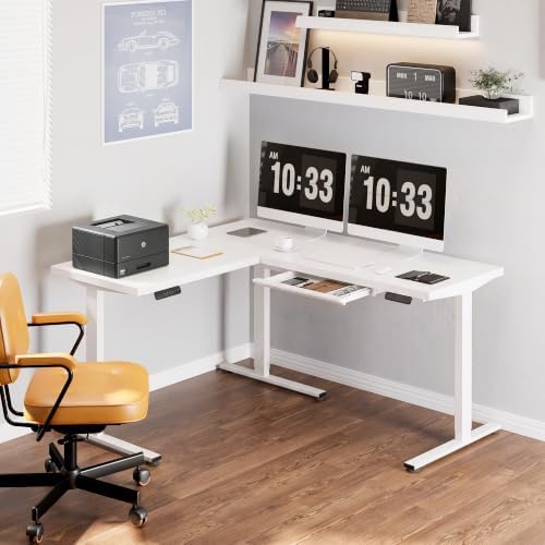 SANODESK Electric L-Shaped Corner Standing Desk with Drawer，63x55