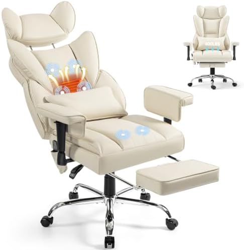 6 Points Massage Heated Home Office Chair with Foot Rest, Beige