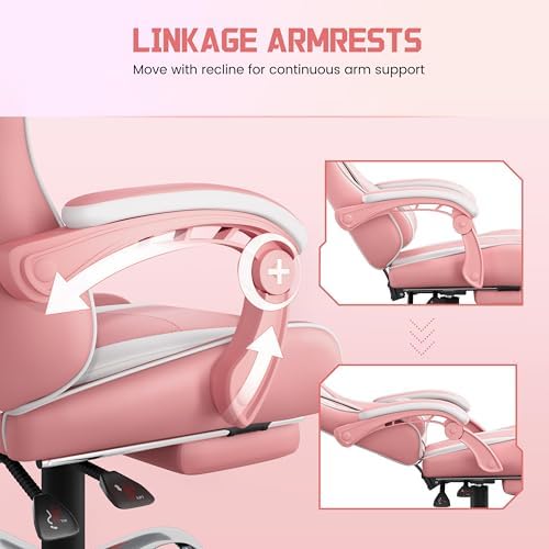 Yaheetech Gaming Chair with Footrest Massage Lumbar Pillow Pink and White