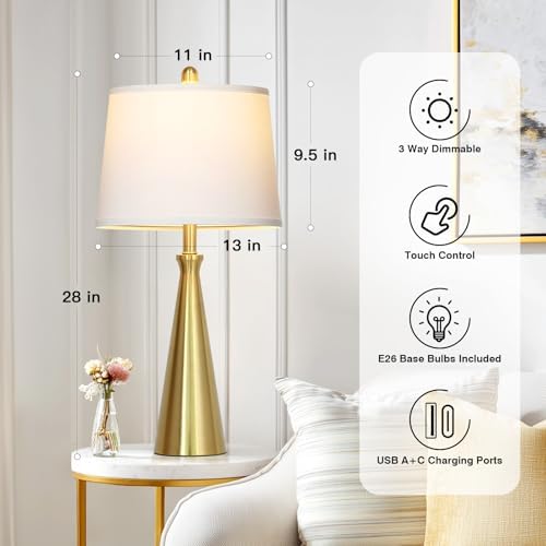 Rinweey 28" Modern Gold Touch Table Lamp for Living Room,Gold Bedside Lamps with USB A+C Ports - Gold Metal Table Lamp Set for Nightstand, End Table - 1 LED Bulb Included