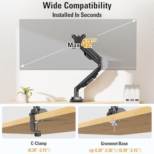 Heavy Duty Single Monitor Arm for 13-42" Ultrawide Screen, Adjustable Monitor Mount with Tilt Rotation Swivel, Gas Spring Desk Mount Bracket with Clamp/Grommet, Holds 33lbs, Max VESA 100x100