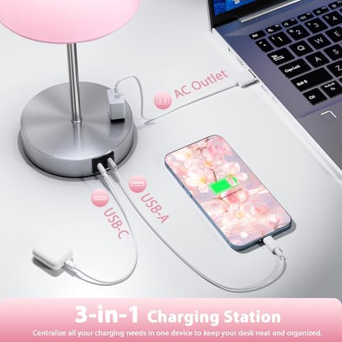 17.6" Pink Touch Lamps for Bedroom Set of 2 - Dimmable, USB C+A, AC Outlet