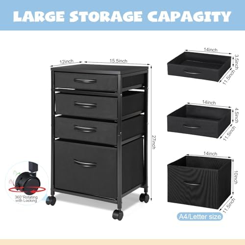 Chunful 4 Drawer Rolling File Cabinet Mobile Printer Stand Metal Cart with Fabric Vertical Filing Chest Wheels A4 Letter Size Under Desk Utility Craft Storage Organizer for Home Office School(Black)