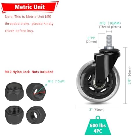 Hirate 3 inch M10 x 20mm Threaded Stem Swivel Caster Wheels with Nylon Nuts