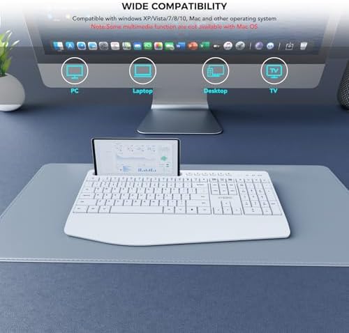 KYSONA 5th Gen Wireless Keyboard,2.4G Full-Sized Cordless Ergonomic Keyboard with Wrist Rest, Phone ipad Holder, Adjustable Angle, Compatible with Laptop/PC/Mac/Windows, White